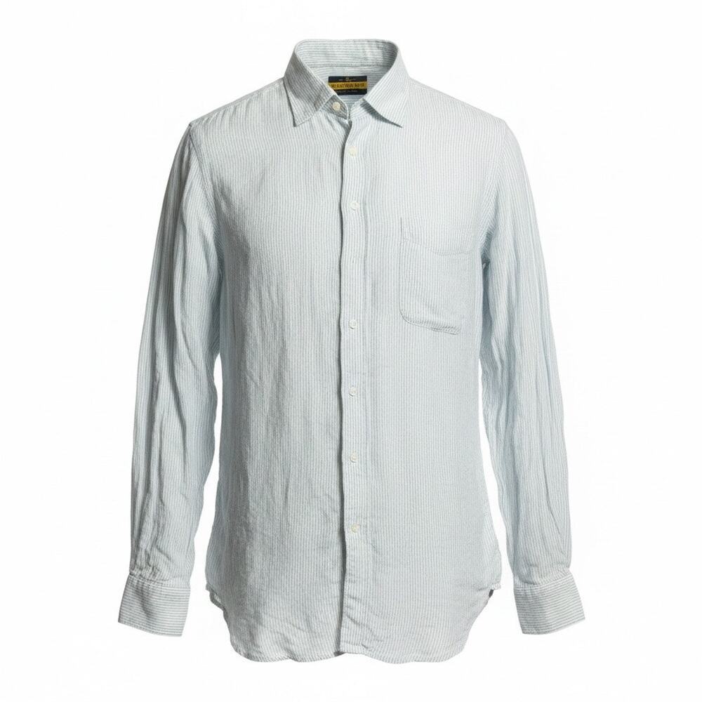 Steppin' Out Blue White Stripe 100% Linen Button Front Shirt Men Medium Preppy